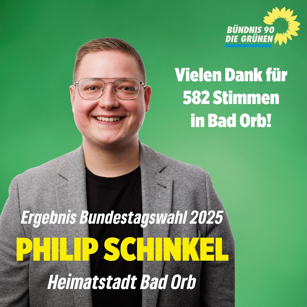💚 DANKE Bad Orb! 💚

Ich bin glücklich und stolz auf das Ergebnis in meiner Heimatstadt Bad Orb! Besonders freut es mich, dass ich hier sogar Stimmen dazugewinnen konnte – das zeigt mir, dass der direkte Austausch, die Gespräche und mein Engagement angekommen sind. Danke für euer Vertrauen! 🌻

Bad Orb ist mein Zuhause und genau hier schlägt mein politisches Herz. Diese Unterstützung gibt mir nochmal einen riesigen Schub – den will ich mitnehmen in die Kommunalwahl im nächsten Jahr! 💪

Lasst uns weiter gemeinsam anpacken – für eine soziale, gerechte und klimafreundliche Zukunft!

#DankeBadOrb #Heimatstadt #PhilipSchinkel #Kommunalwahl2026 #Grüne #BadOrb #Bündnis90DieGrünen
