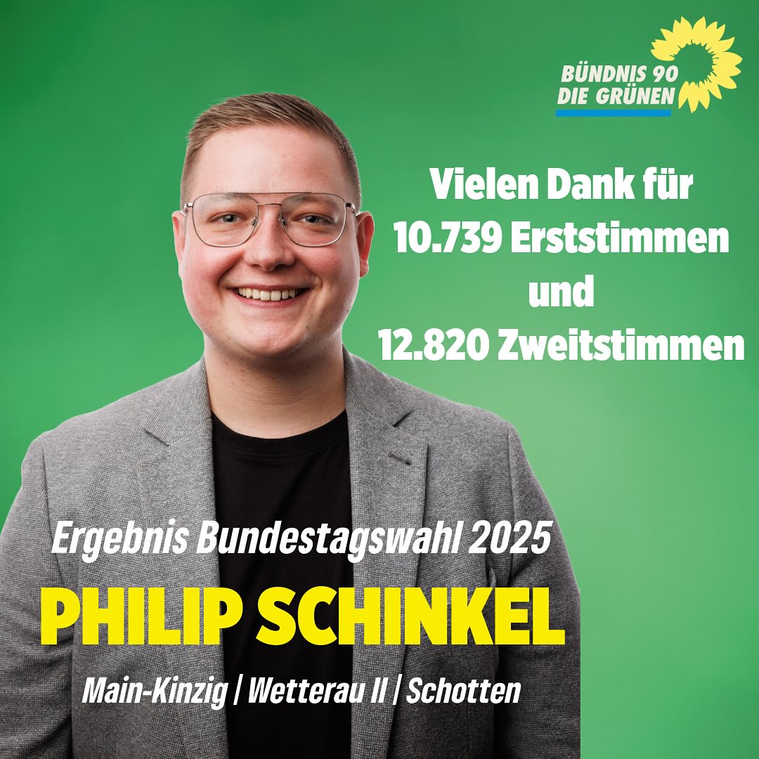 💚 DANKE für 10.739 Erststimmen & 12.820 Zweitstimmen! 💚

Der Wahlkampf ist vorbei – und ich bin einfach nur dankbar. Danke an alle, die mich unterstützt, mit mir diskutiert und mir ihr Vertrauen geschenkt haben. Eure Stimmen bedeuten mir unglaublich viel. 🌻

Der Wahlkampf war eine intensive Zeit voller Begegnungen, spannender Gespräche und neuer Perspektiven. Ich habe wahnsinnig viel gelernt und an Erfahrungen gewonnen. Politik lebt vom Austausch – und genau das durfte ich erleben.

Ich verspreche euch: Ich bleibe dran - für eine Politik, die alle mitnimmt. 💪

🌻 DANKE für euren Rückhalt, eure Stimmen und euer Vertrauen.
🌻 Der Einsatz für Klimaschutz, soziale Gerechtigkeit und eine starke Region geht weiter.

#Danke #Bundestagswahl2025 #PhilipSchinkel #mainkinzigkreis #Wetterau #Schotten #Grüne #Bündnis90DieGrünen
